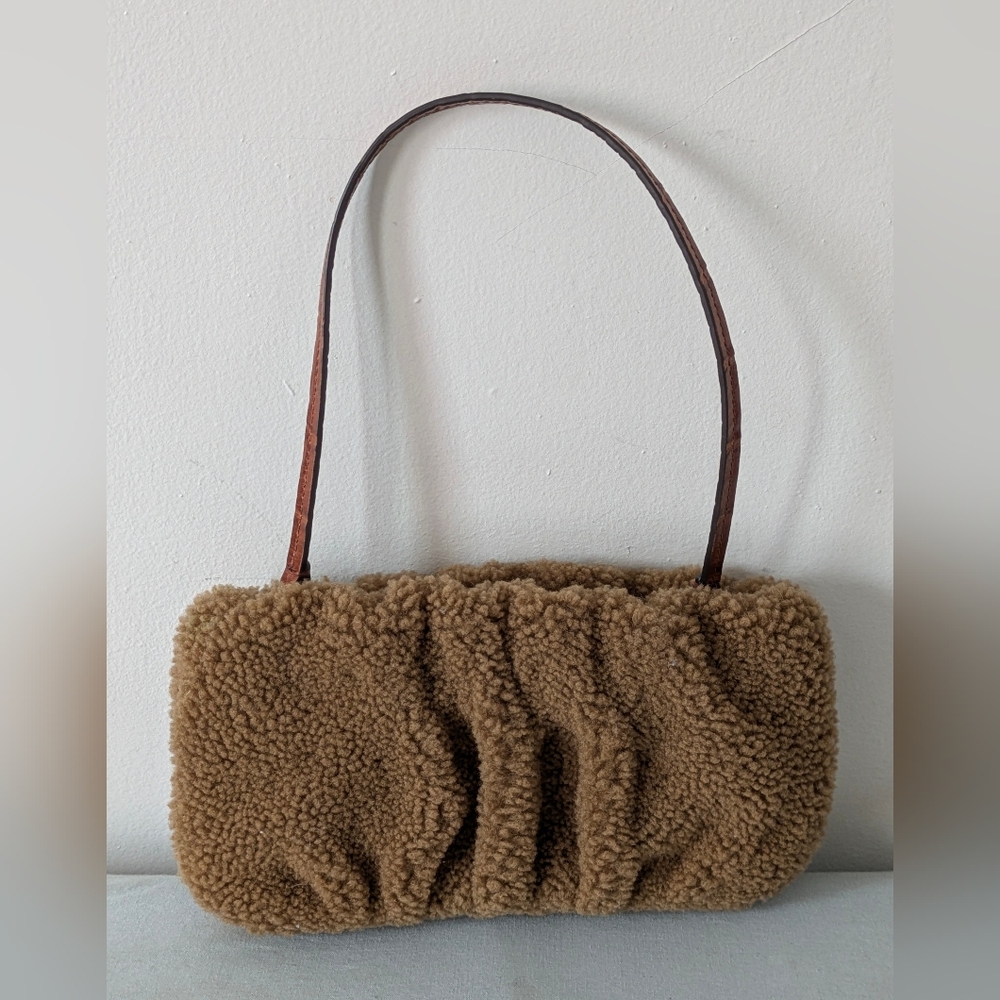 Staud Bean Shearling Wristlet Clutch Purse Zipper Close Brown Small Shoulder Bag